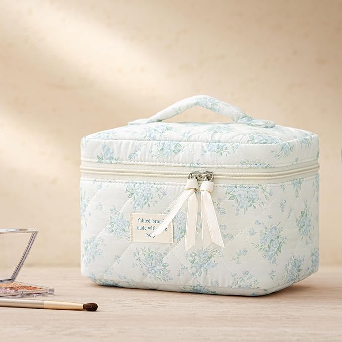 HBselect Quilted Makeup Bag, 3PCS Cotton Large Travel Makeup Bag, Cute Floral Coquette Make up Bag Cosmetic Bag Toiletry Bag for Women Girls
