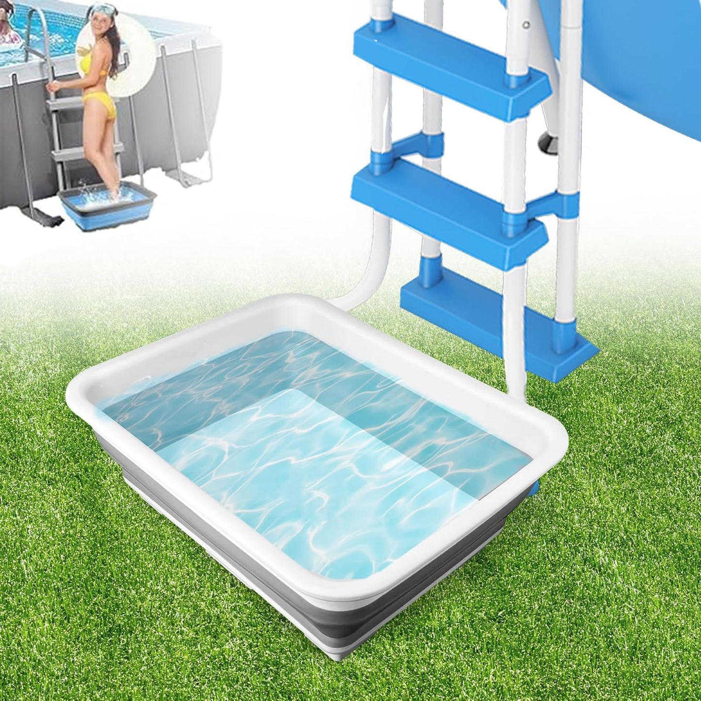 ESEHGS Pool Foot Bath Tray for Swimming Pool, Non- Slip Collapsible Foot Bath for Pool, Portable Foot Tub for Pool for Above Ground Pool Accessories, Rinse Feet Keep Pool Clean (Grey + White)