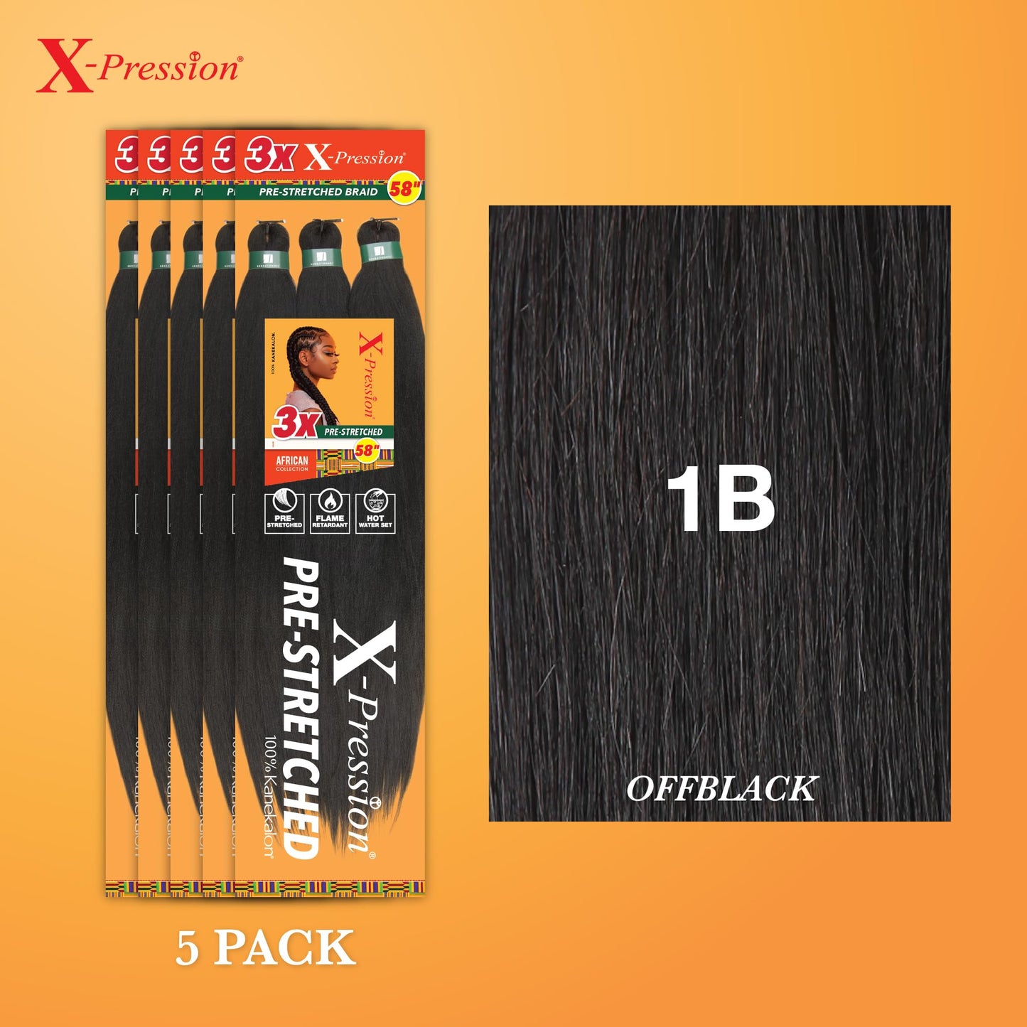 Sensationnel X-pression prestretched braiding hair - 3x braid 58 inch all kanekalon flame retardant synthetic braid for box braids and twists (5 pack, 1B OFFBLACK)