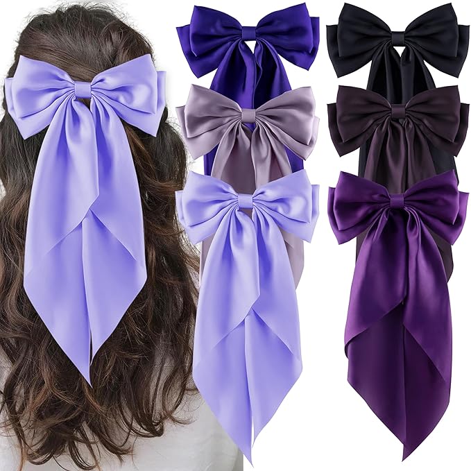 6Pcs Large Bows Hair Clips for Women Girls Long Tail Hair Ribbon Silky Satin Barrettes Coquette Bows Accessories (Black/Purple/Purplered)