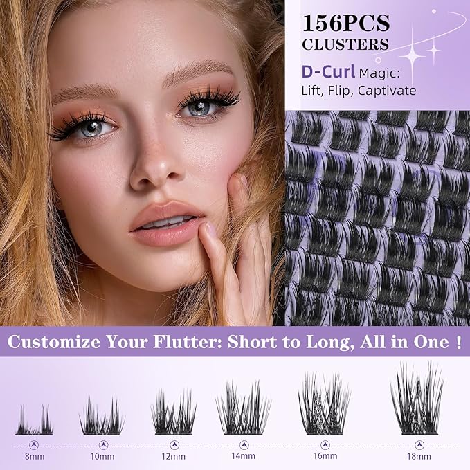B&Q Wispy Lash Clusters Full B52,Eyelash Clusters 156PCS Comfortable band Cluster Eyelash Extensions,8-18mm Volume Individual Lashes Lightweight D Curl Lash Clusters Soft Eyelashes Natural Look(B52)