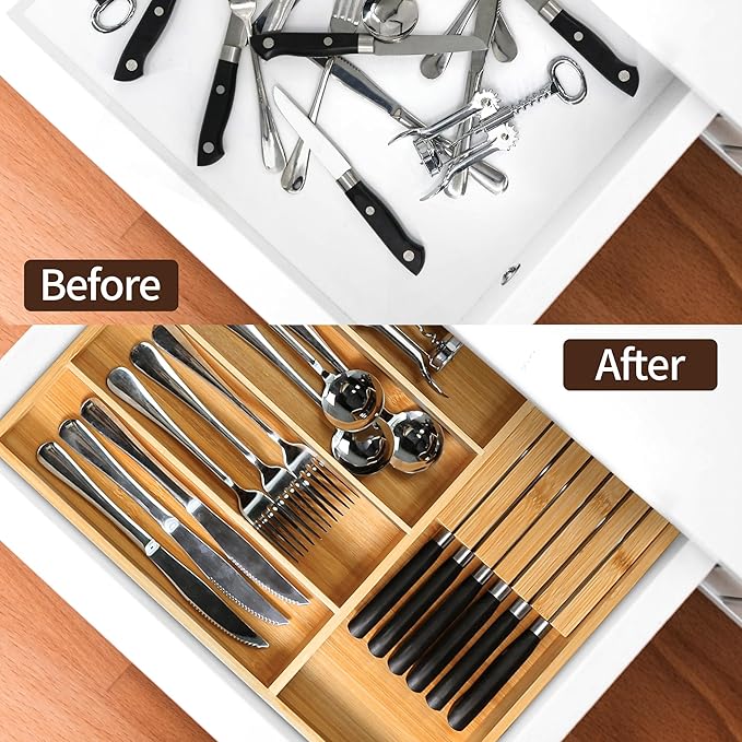 VaeFae Bamboo Silverware Organizer (Non-expandable), Utensil Holder for Drawer, Cutlery Tray with Divider for Kitchen Drawer, Utensil Organizer with Knife Block