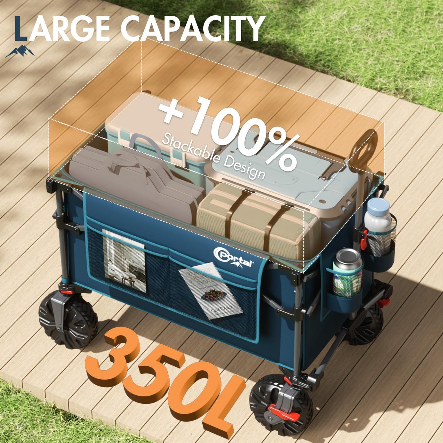 Portal 350L Collapsible Wagon Cart with Removable Canopy, 270LB Folding Utility Cart with Rear Door for Pet, Camping, Beach, and Outdoor Adventures