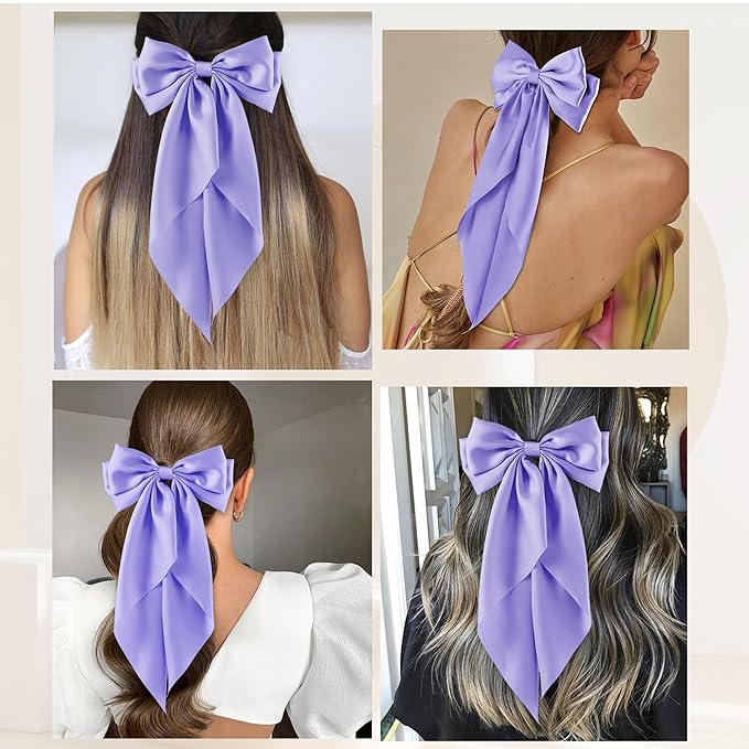 6Pcs Large Bows Hair Clips for Women Girls Long Tail Hair Ribbon Silky Satin Barrettes Coquette Hair Bows Accessories(Purple)