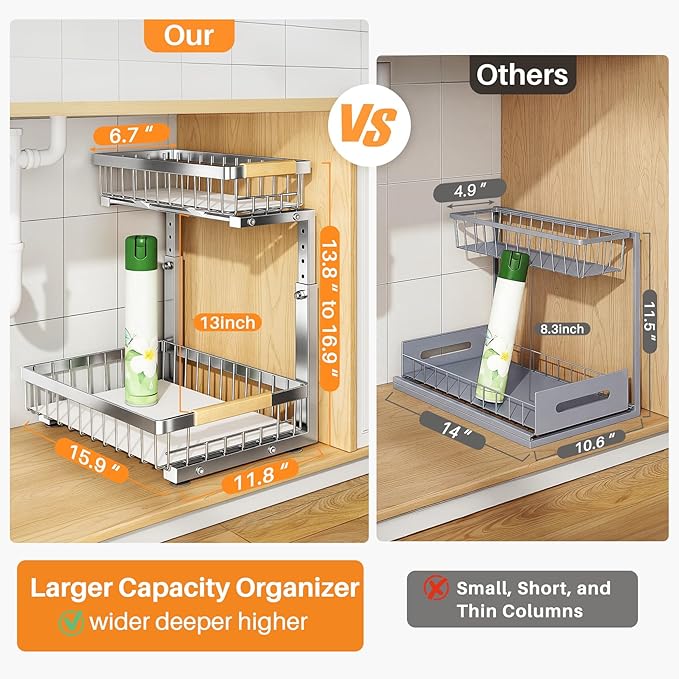 PXRACK Under Sink Organizer, Adjustable Height, 2 Tier Pull Out Cabinet Organizer, Slide Out Thickened Metal Storage for Kitchen Bathroom Laundry Pantry Cabinet, Stainless Steel, Silver, Large-1-Pack
