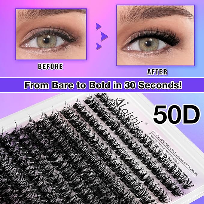 Lash Clusters DIY Cluster Eyelash Extensions 280pcs 9‑16mm 50D Fluffy D Curl Natural Volume Lashes–Waterproof Fake Cat Eye Individual Soft Lash Clusters（16MIX2-1-S）