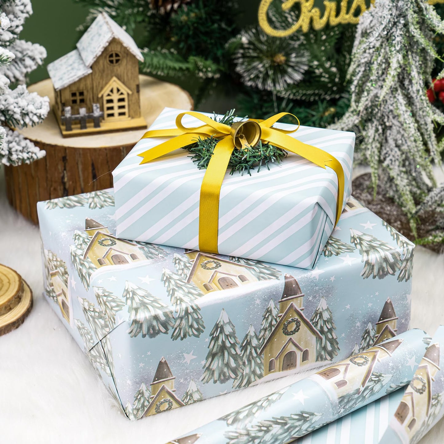 WRAPAHOLIC 30 Inch Jumbo Reversible Christmas Wrapping Paper - 30 Inch X 100 Feet Jumbo Roll Silver and White Christmas Tree and House Printed on Pearlized Paper