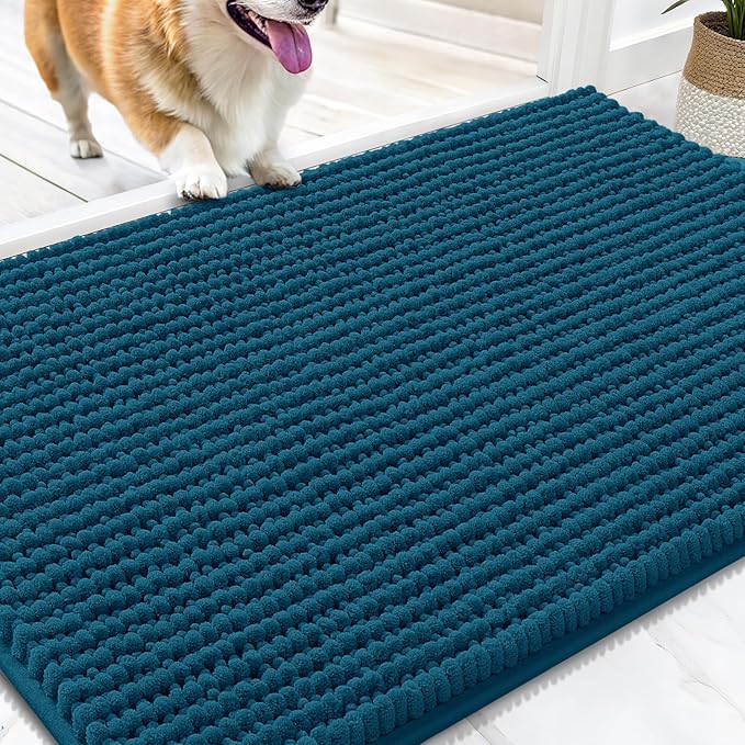 OLANLY Dog Door Mat for Muddy Paws 30x20, Ultra Absorbent Chenille Mud Doormat, Non-Slip Washable and Dirt Trapping Doormat for Indoor Entryway, Quick-Dry Indoor Pet Bed Mats for Dogs, Atlantic Blue