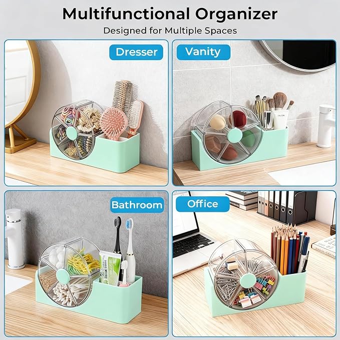 Hair Accessories Organizer for Girls, 2-Slot Hair Brush Holder & 5-Section Rotating Wheel, Cute Makeup Brush Holder for Hair Tile, Clip, Makeup Brush, Earring, Ring, Kids Vanity Accessories (Seafoam)