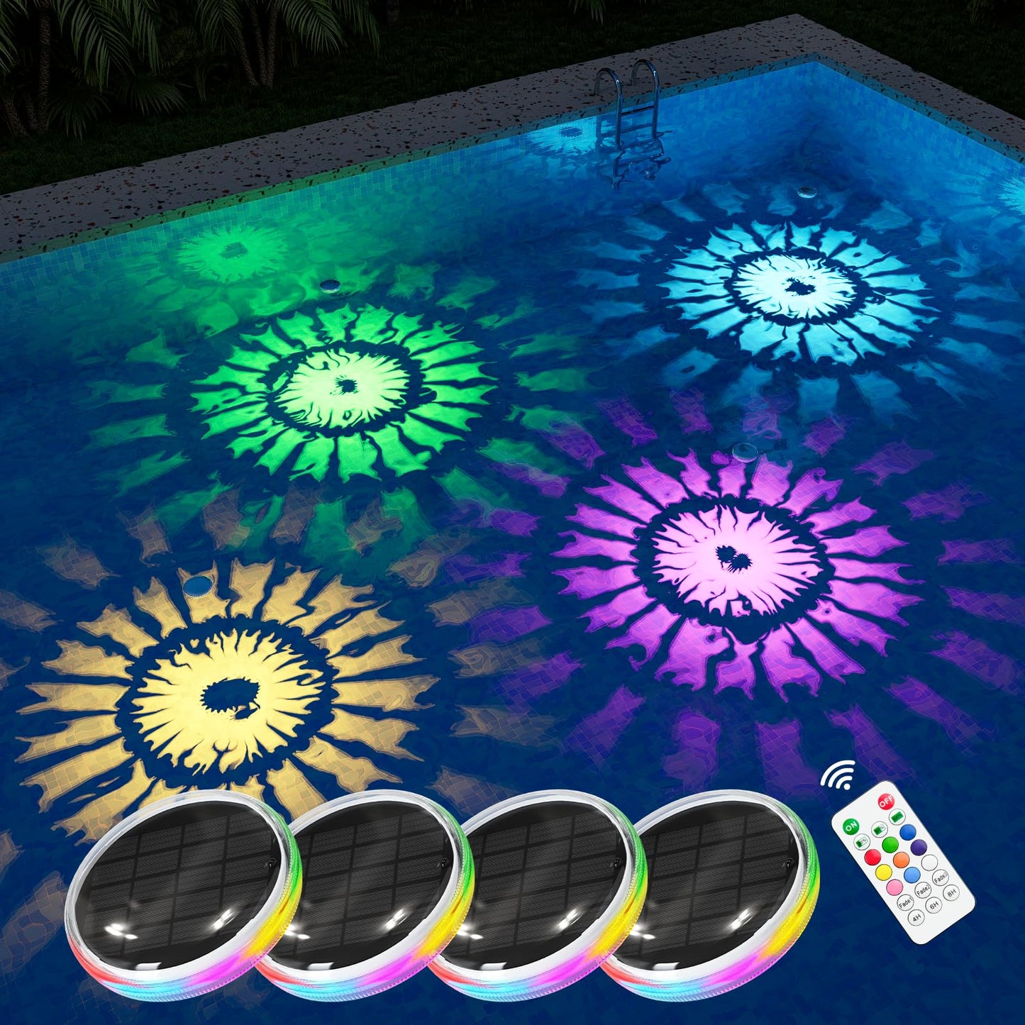 4 Pack Solar Floating RGB Pool Lights with Remote Waterproof for Underwater Vibrant Patterns Lighting, Auto-on Disco Glow in Pool for Party, Works in Outside In-ground Pools, Hot Tubs, Garden Ponds