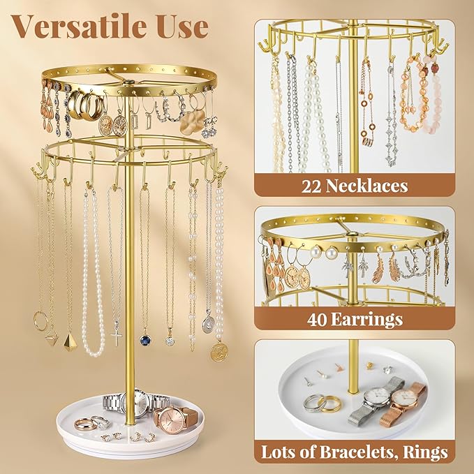 LANDNEOO Necklace Holder Jewelry Organizer, 360ÃÂ° Rotating 3-Tier Jewelry Stand Display, 14.3" Holds 80 Pcs, Earring Holder, Bracelet Ring Holder, Jewelry Organizer and Storage For Women Vanity Dresser