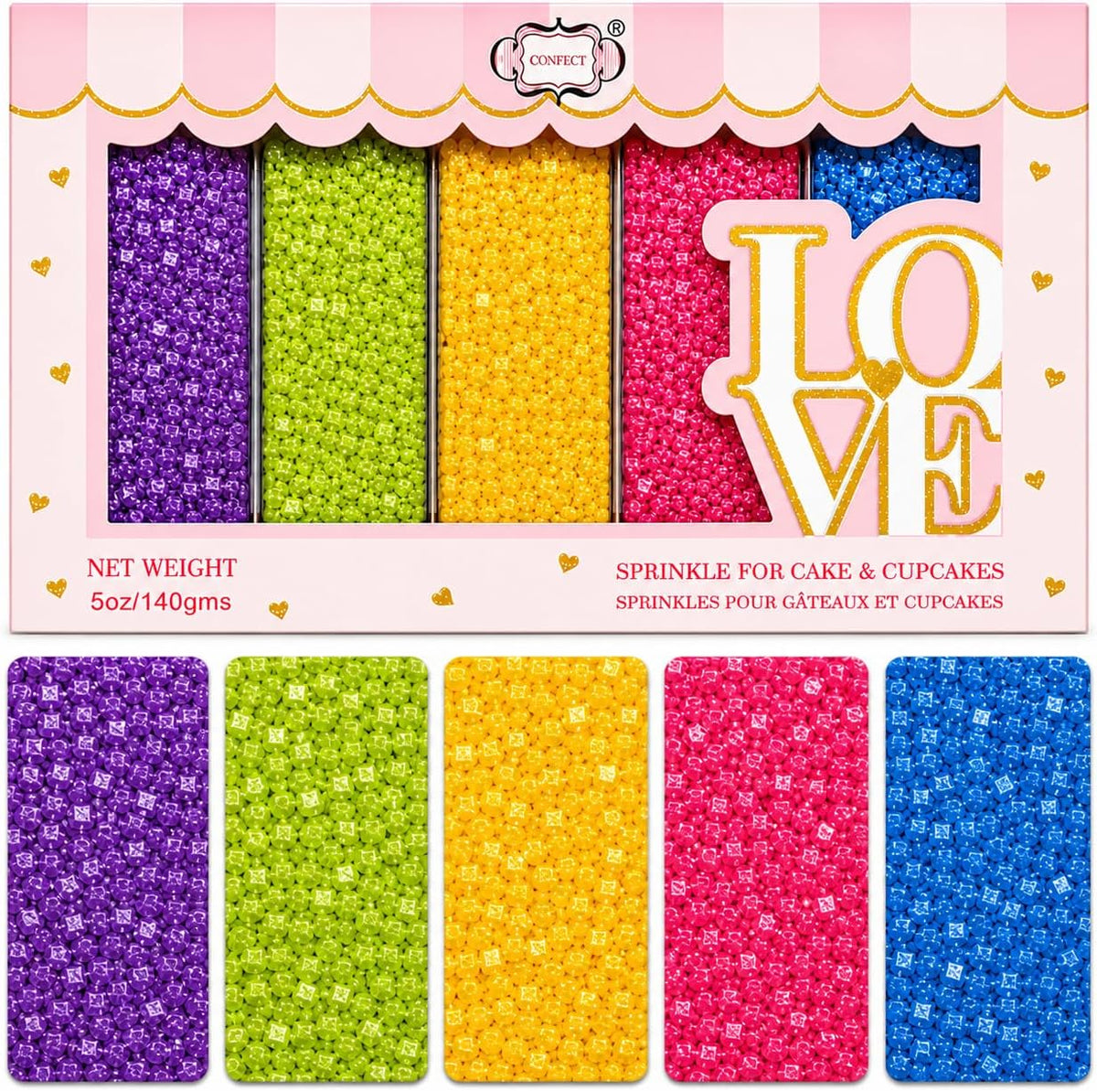 Confect Sparkling Sugar for Baking & Cake Decoration | Assorted pack of 5 Rainbow Sparkling Sugar Sprinkles Mix Purple, Parrot Green, Yellow, Bright Pink & Poppy Blue | Vegan, Gluten-Free, Nut-Free, Soy-Free, Dairy-Free, Palm Oil-Free - 5 Oz