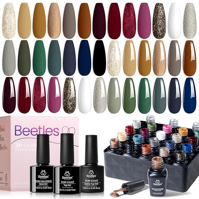Beetles Gel Nail Polish Set – Sonata Gel Polish, 20 Colors Brown Burgundy Red Green Glitter Soak Off UV LED Gel Polish Kit with Base Coat Glossy Matte Top Coat Manicure Gift for Women