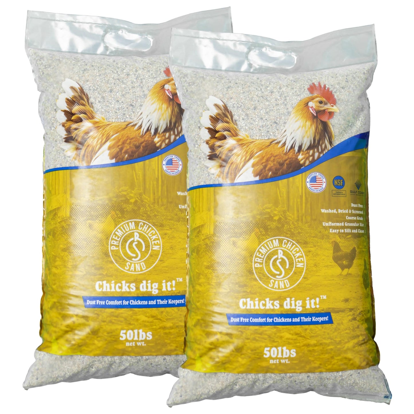 Premium Chicken Sand 50 lbs (2-Pack) â Dust-Free, Odor-Control Bedding for Chicken Coops, Nesting Boxes, and Runs â Natural Poultry Litter, 100 lbs Total