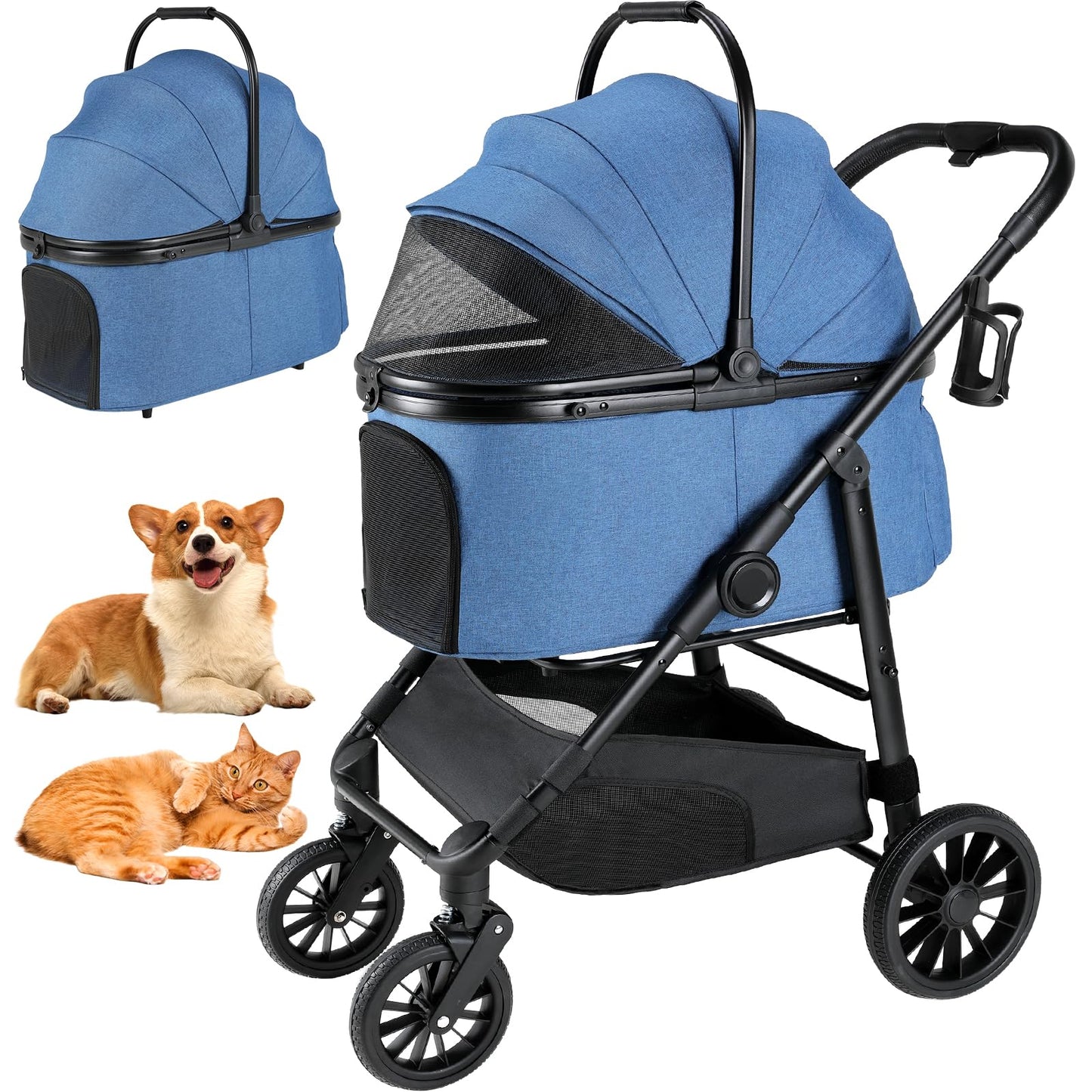MAMIZO Pet Stroller for Medium Dogs Cats Up to 44 lbs, All-Terrain 3-in-1 Dog Stroller with Detachable Carrier, Rubber Wheels, One-Click Folding, Storage Basket & Cup Holder, for Senior Dogs & Cats