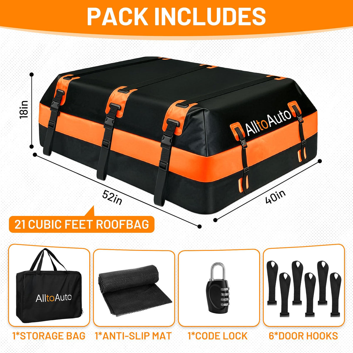 Car Rooftop top Cargo Carrier 21 Cubic feet 100% Waterproof Heavy Duty PVC for All Cars with/Without Rack, Includes Anti-Slip Mat, 10 Reinforced Straps, 6 Door Hooks, Luggage Lock
