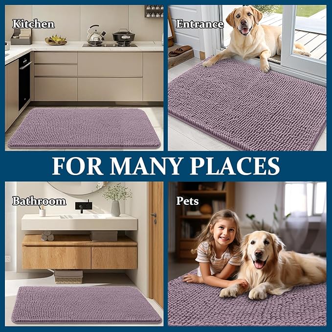 OLANLY Dog Door Mat for Muddy Paws 32x20, Absorbs Moisture and Dirt, Absorbent Non-Slip Washable Doormat, Quick Dry Chenille Mud Mat for Dogs, Entry Indoor Entryway Carpet for Inside Floor, Deep Plum