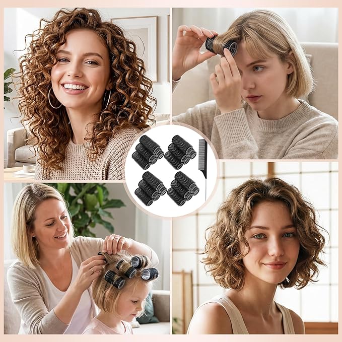 24 Pcs Self-Grip Small Hair Rollers Set, No Heat Curlers for Women Short Hair and Bangs - Overnight Use at Home Travel for Creating Waves and Curls (25mm, Black)