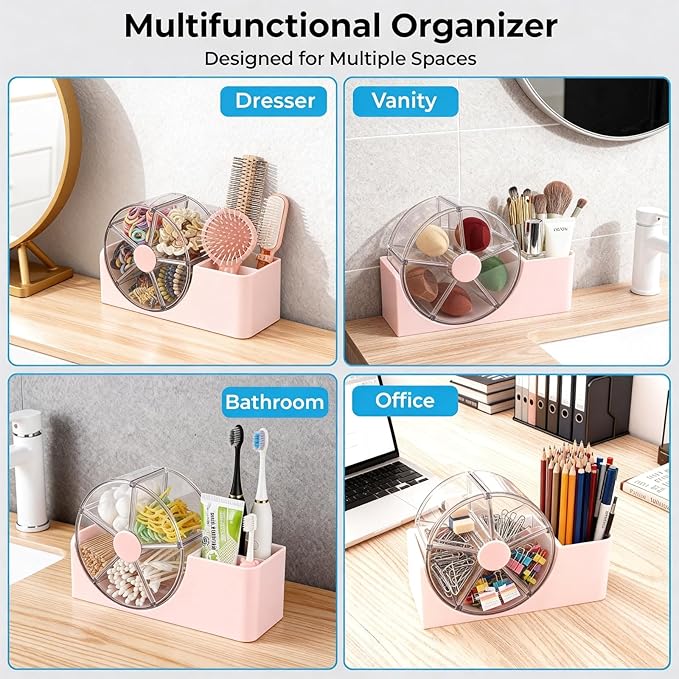 Hair Accessories Organizer for Girls, 2-Slot Hair Brush Holder & 5-Section Rotating Wheel, Cute Makeup Brush Holder for Hair Tile, Clip, Makeup Brush, Earring, Ring, Kids Vanity Accessories (Pink)