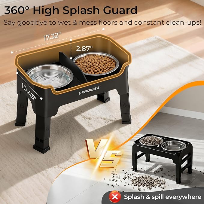 URPOWER Mess Proof Elevated Dog Bowls, High Wall Splash Guard Design, 4 Height Adjustable Raised Bowl Stand, 2 Large Stainless Steel Bowls, Non-Slip Food Water Set for Small Medium Large Dogs