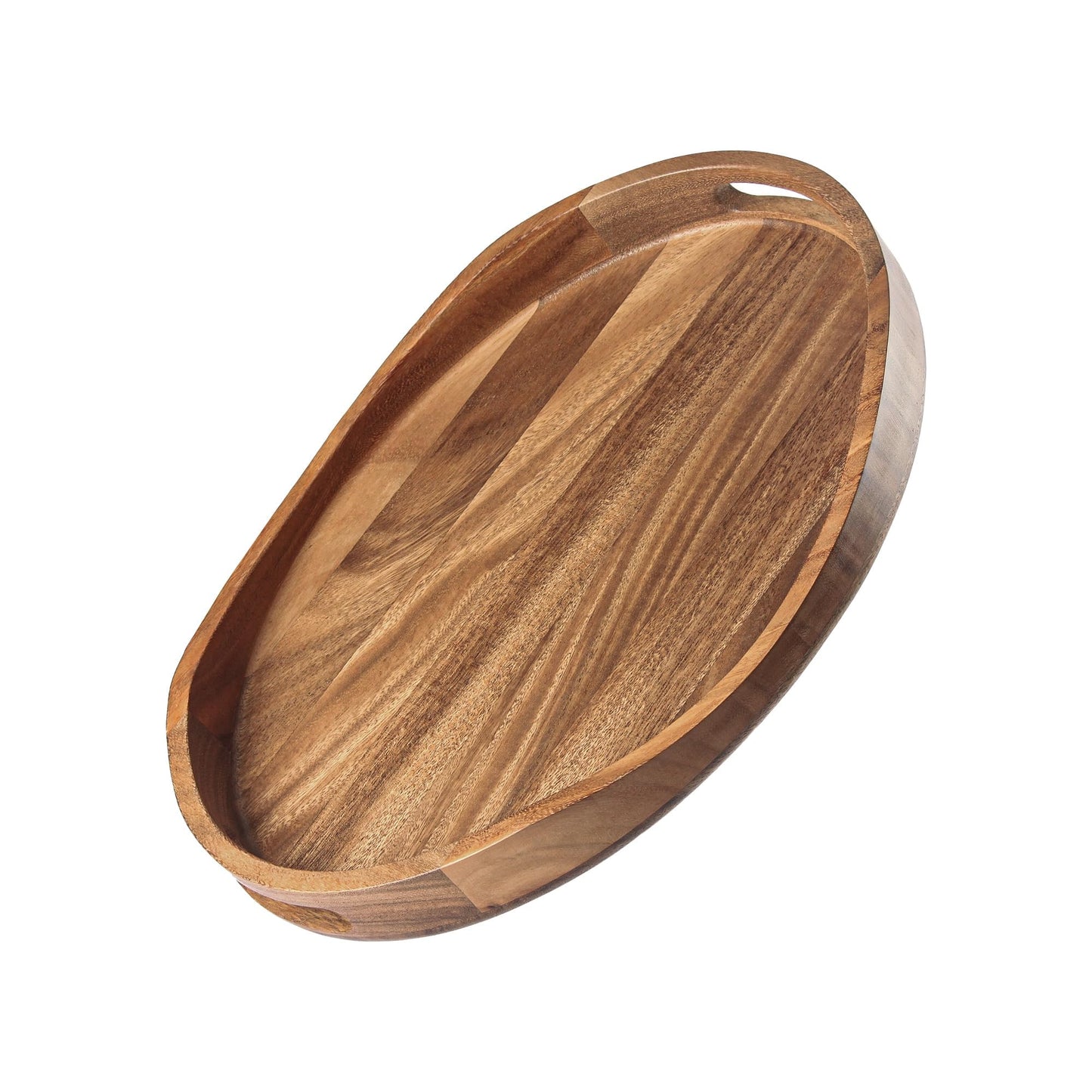 Acacia Wood Serving Tray with Handles - 17"x13" Round, Decorative Ottoman Tray for Living Room, Coffee Table, Breakfast in Bed, Candle Display