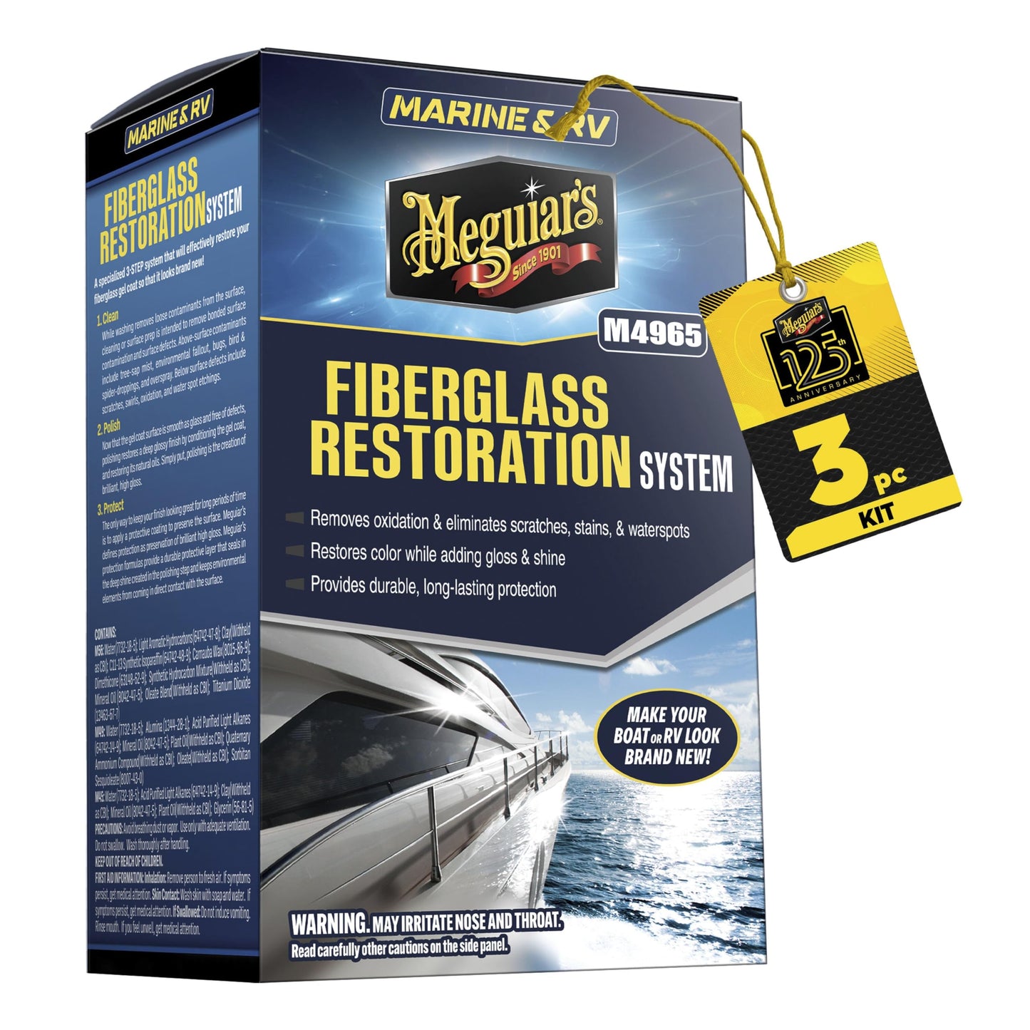 Meguiar's M4965 Marine/RV Fiberglass Restoration System, 3-Piece Marine Fiberglass Repair Kit Featuring Oxidation Remover for Boat Care Plus Boat Polish and Wax