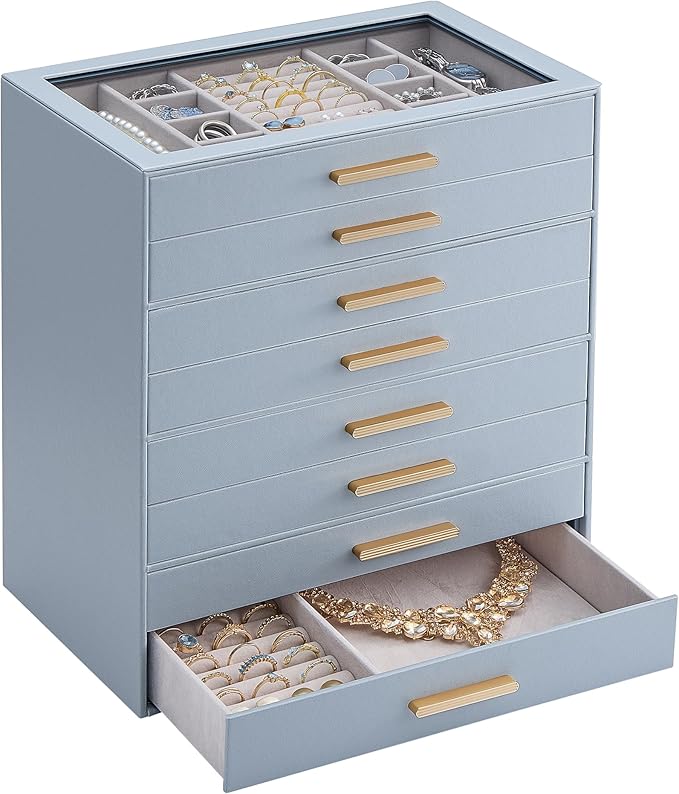 Lolalet Jewelry Box Organizer, 8-Layer Jewelry Organizers and Storage Case with Glass Lid, Ring Earring Bracelet Necklace Holder Organizer, Birthday Valentine Gifts for Women Girls -8Layer, HazeBlue