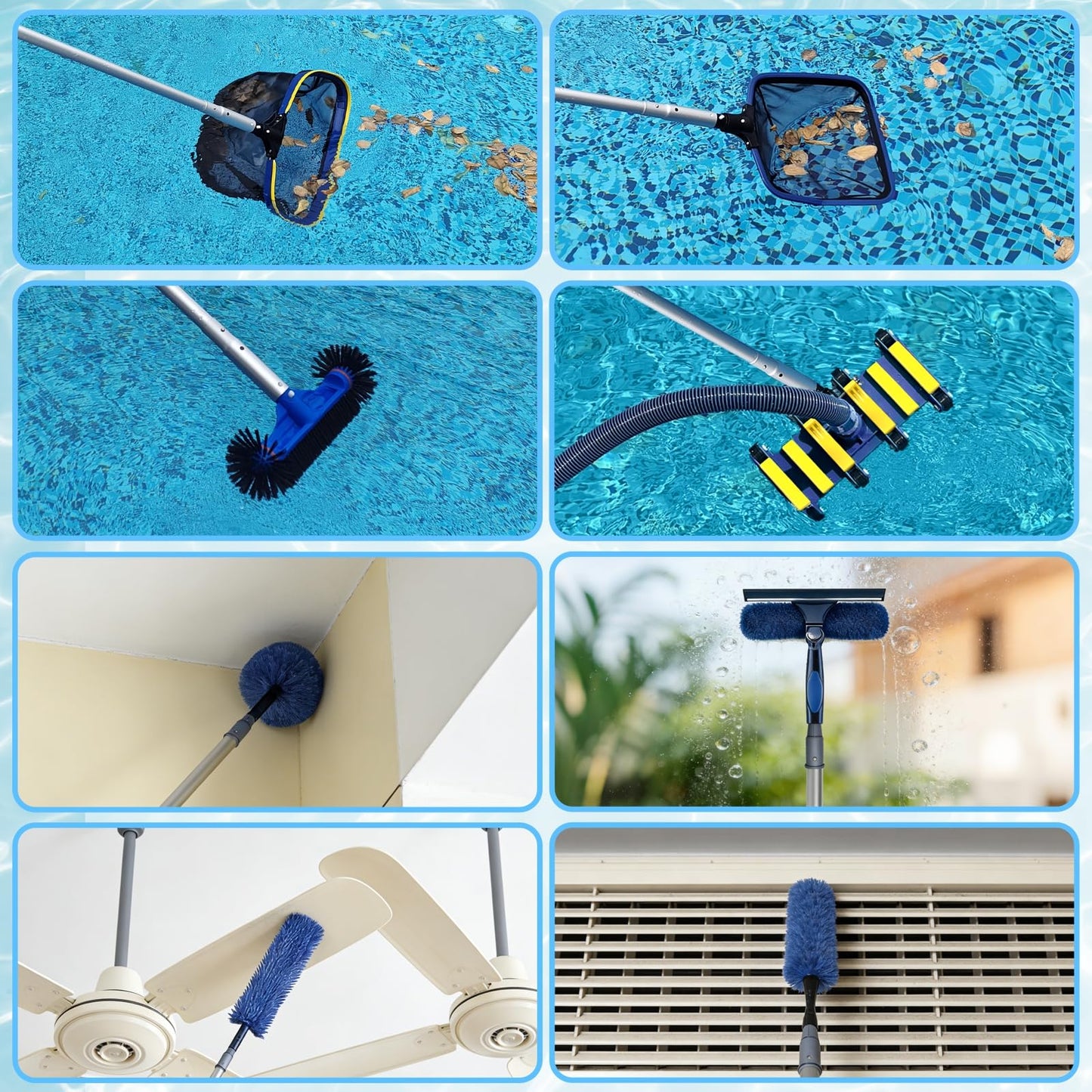 Poolvio 12FT Pool Pole, 2-Piece Telescopic Swimming Pool Cleaning Pole with Universal Threaded Tips, 2-in-1 Design for Skimmer Nets, Vacuum Heads, Brushes & Household Cleaning Tools