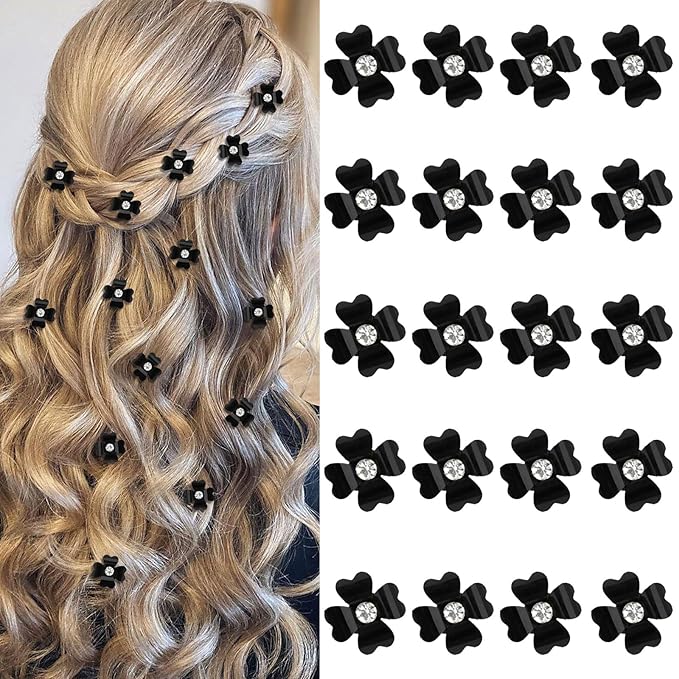 YISSION 20 Pcs Mini Black Flower Hair Clips with Rhinestone Cute Hair Pins Decorative Hair Clips Wedding Hair Barrettes Bridal Hair Accessories for Girls Women