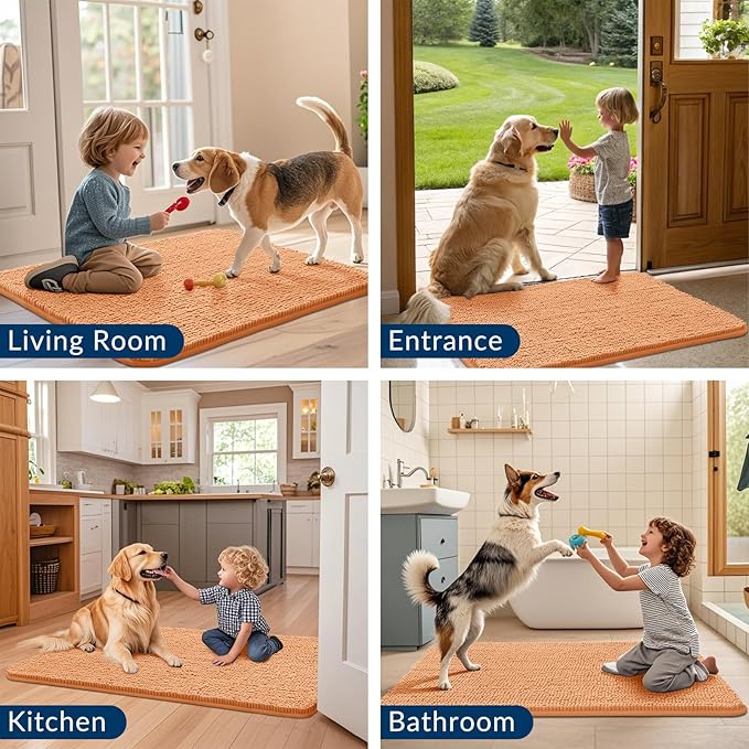 Smiry Dog Door Mat for Muddy Paws 70x24, Absorbs Moisture and Dirt Doormat, Non-Slip Washable Quick Dry Chenille Front Door Mat Indoor Entrance, Entryway Carpet for Inside Floor, Orange