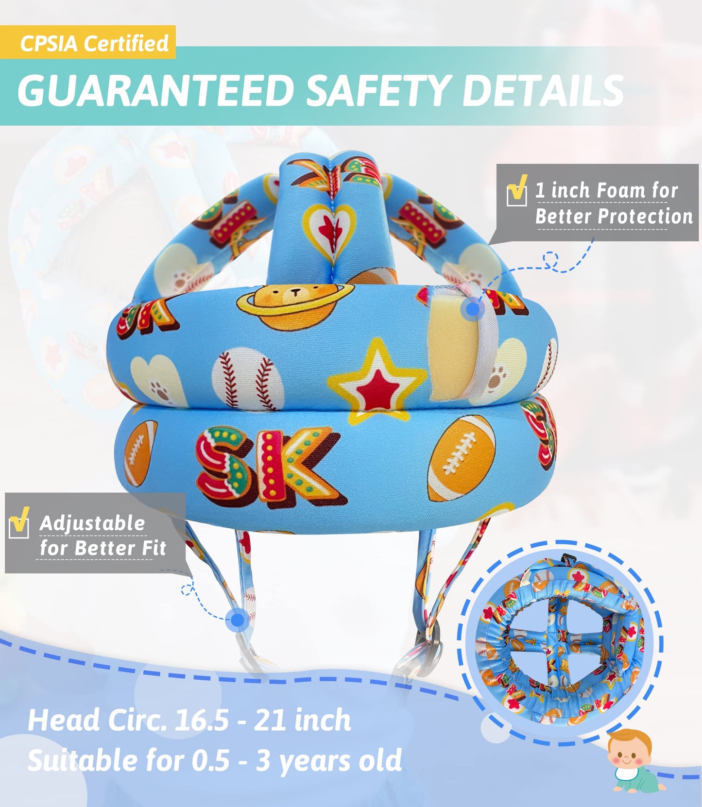 Baby Helmet for Crawling Walking - Baby Head Protector No Bumps and Soft Cushion Infant Baby Safety Headguard I Toddler Helmets 1-2 Years Old, 6-12 Months