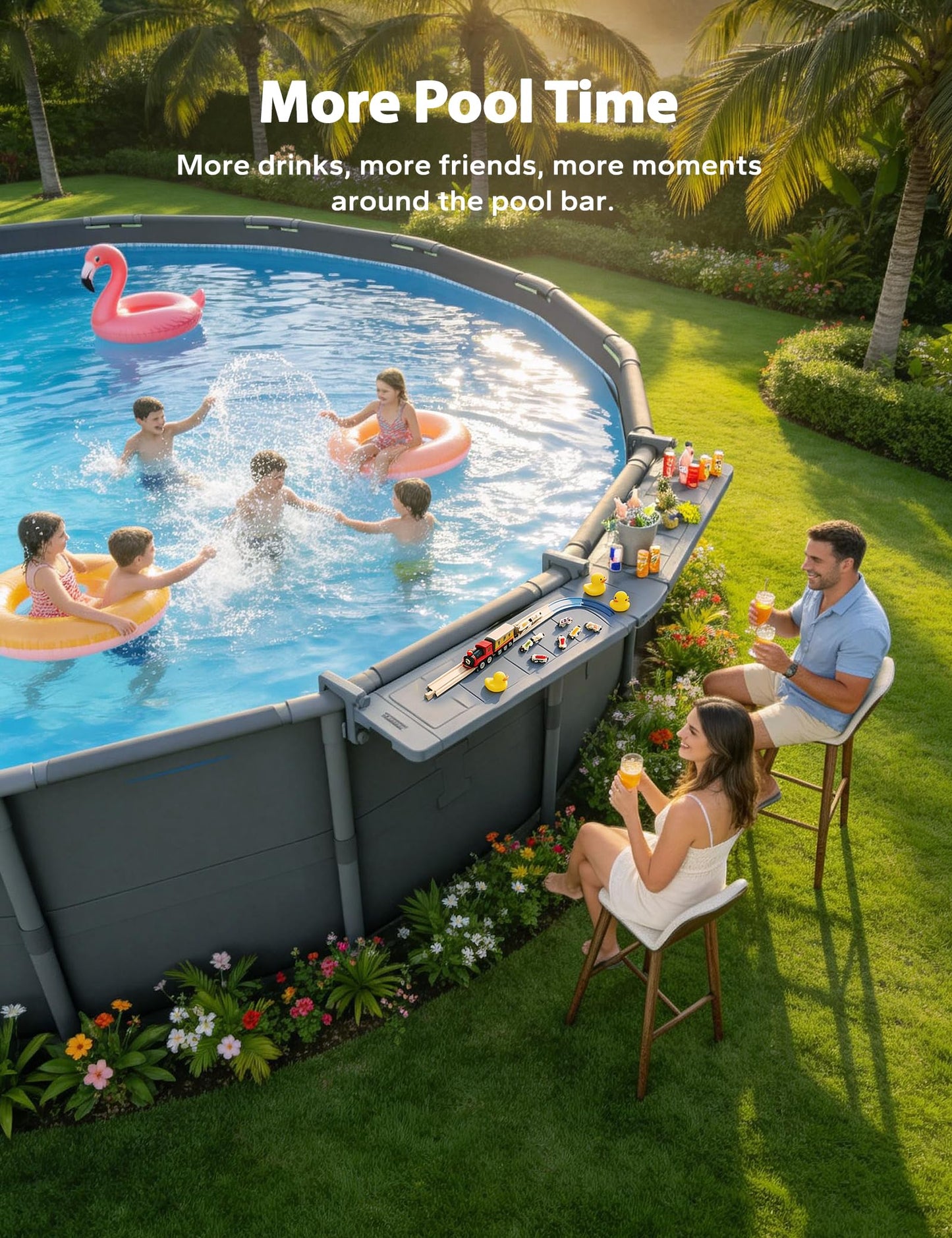 POOLHACKER Poolside Bar Extended, [Original] Swim Up Bar Exclusively for Above-Ground Round Pools. Patio Poolside Table Smart Fold Easy Maintenance, Weather Resistant Stable Tabletop
