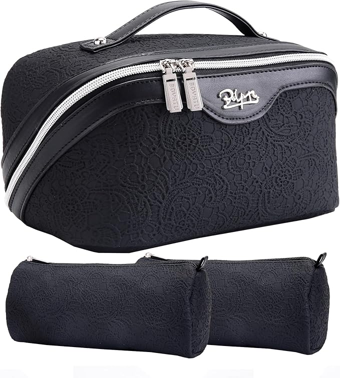 BOYATU Travel Makeup Bags Cosmetic Organizer Bag: 3-Set Large Capacity Make up Bag - PU Leather Toiletry Bags for Women - Wide Open Portable Pouch with Divider & Handle (A-Black)