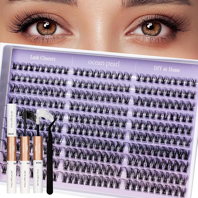 Ocean Pearl Lash Clusters 300pcs 10-18mm Cluster Eyelash Extensions Natural Eyelash Clusters Thin Band Individual Lashes Soft Eyelashes False Eyelashes DIY Lash Extensions Kit with bond and seal-M36