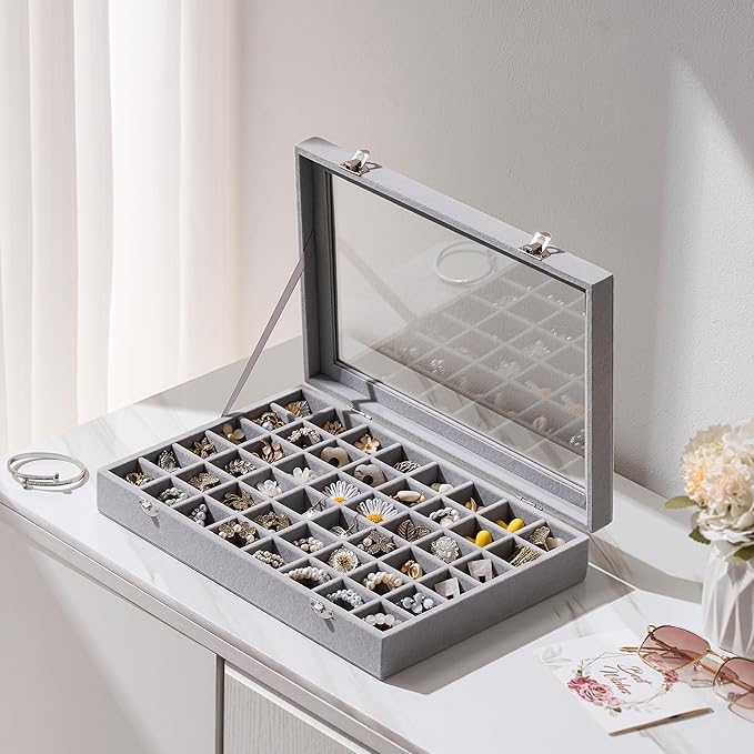 48 Grid Earring Organizer and Storage: Velvet Jewelry Tray with Lid, Jewelry Box for Studs, Earrings, Rings, Necklaces, Dresser & Vanity, Earrings Case Organizer for Girls, Women, 13"x8.6"x2.4", Grey