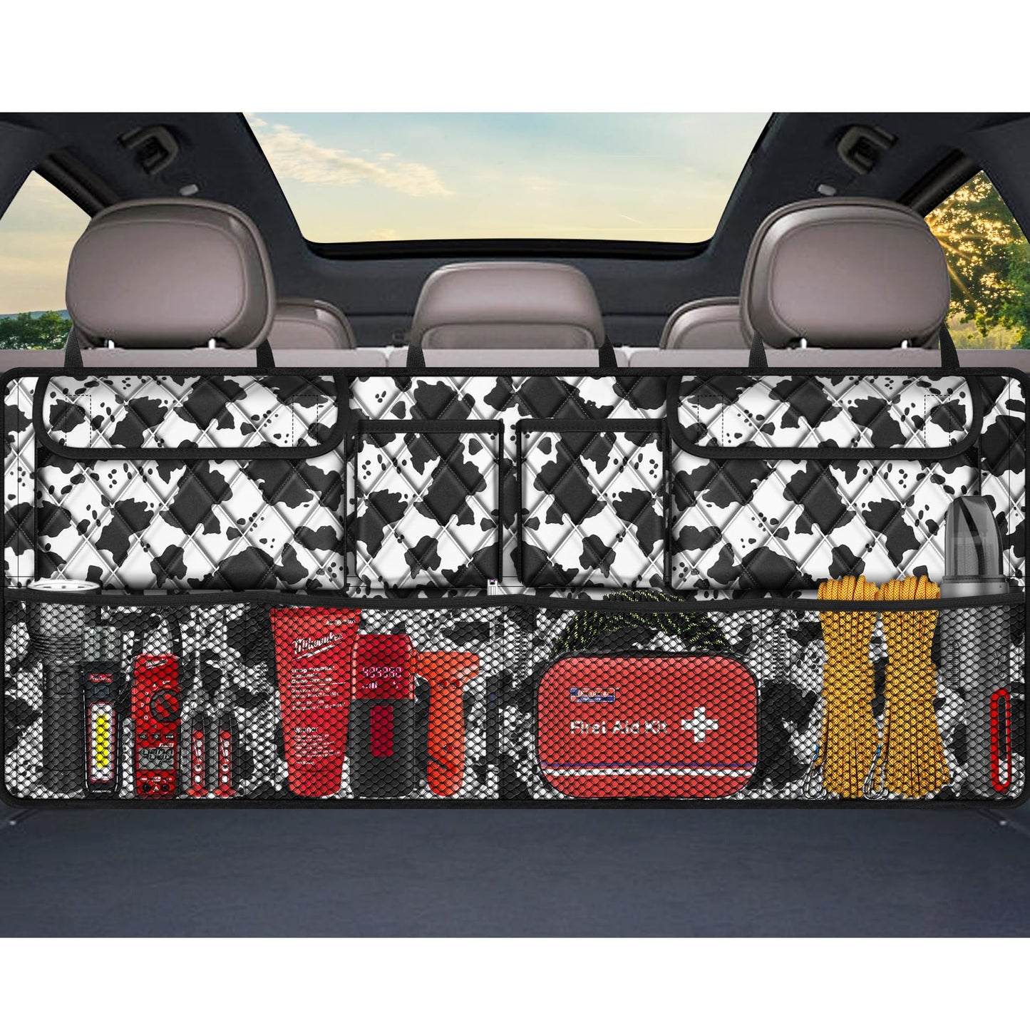 Femuar Car Trunk Organizer,Large Capacity Backseat Trunk Organizer(42"*18"),Collapsible Car Storage Bag with 8 Pocekt,SUV/MPV/Truck - Cow print
