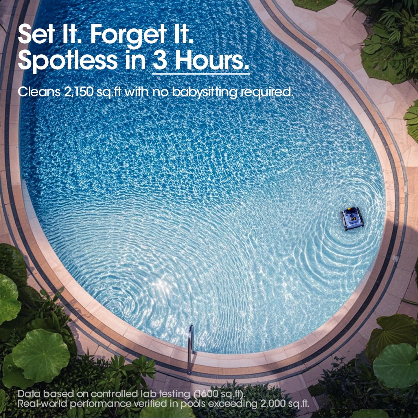 Cordless Robotic Pool Vacuum, Pool Cleaner with Track Drive & Sonar Navigation, 180W Brushless Motor, Wall & Waterline Climbing, 150-Min Runtime, for Inground Above-Ground 2150 Sq. Ft. (Navy Blue)
