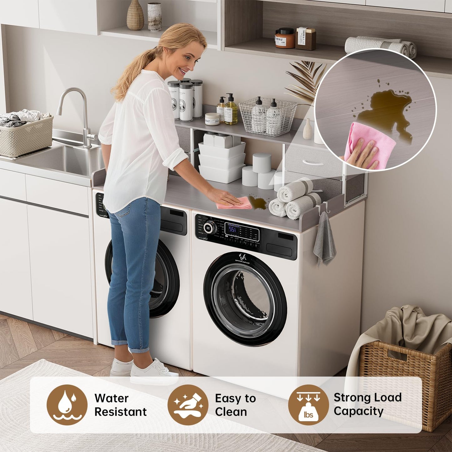4 Drawers Washer Dryer Countertop with Shelf, 27.5" D x 54" W Laundry Topper with 3.54" High Guardrails and Non-Slip Pads,Extra Storage Organizer for Over Washer and Dryer, Holds 66 Lbs, Light Grey