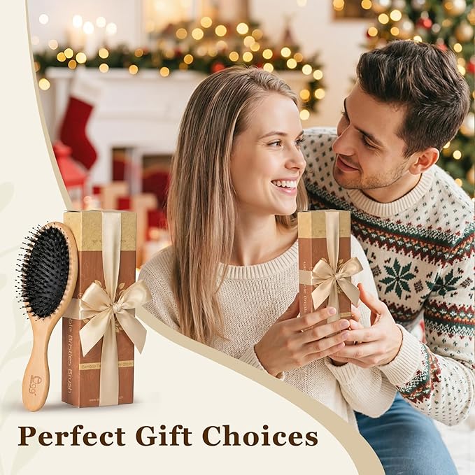 BLACK EGG Boar Bristle Brush for Wet/Dry Hair - Smoothing, Massaging, Detangling, Reduce Frizz, Restore Shine - Bamboo Brush for Women, Men, Kids