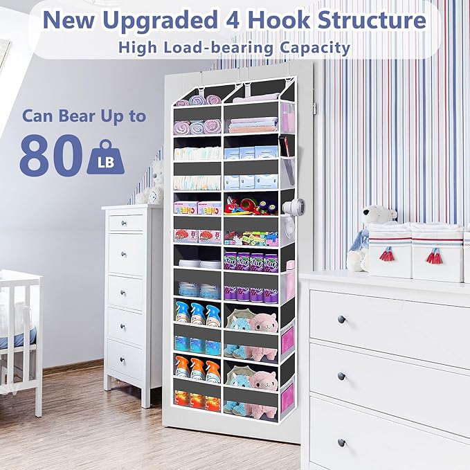 UVIAHOMI Heavy Duty Over The Door Organizer 6 Tiers, Extra Large Behind Door Storage of 12 Big Front & 12 Mesh Pockets, 80lb Weight Capacity, Hanging Doors Storage for Closet Bedroom Nursery, Gray