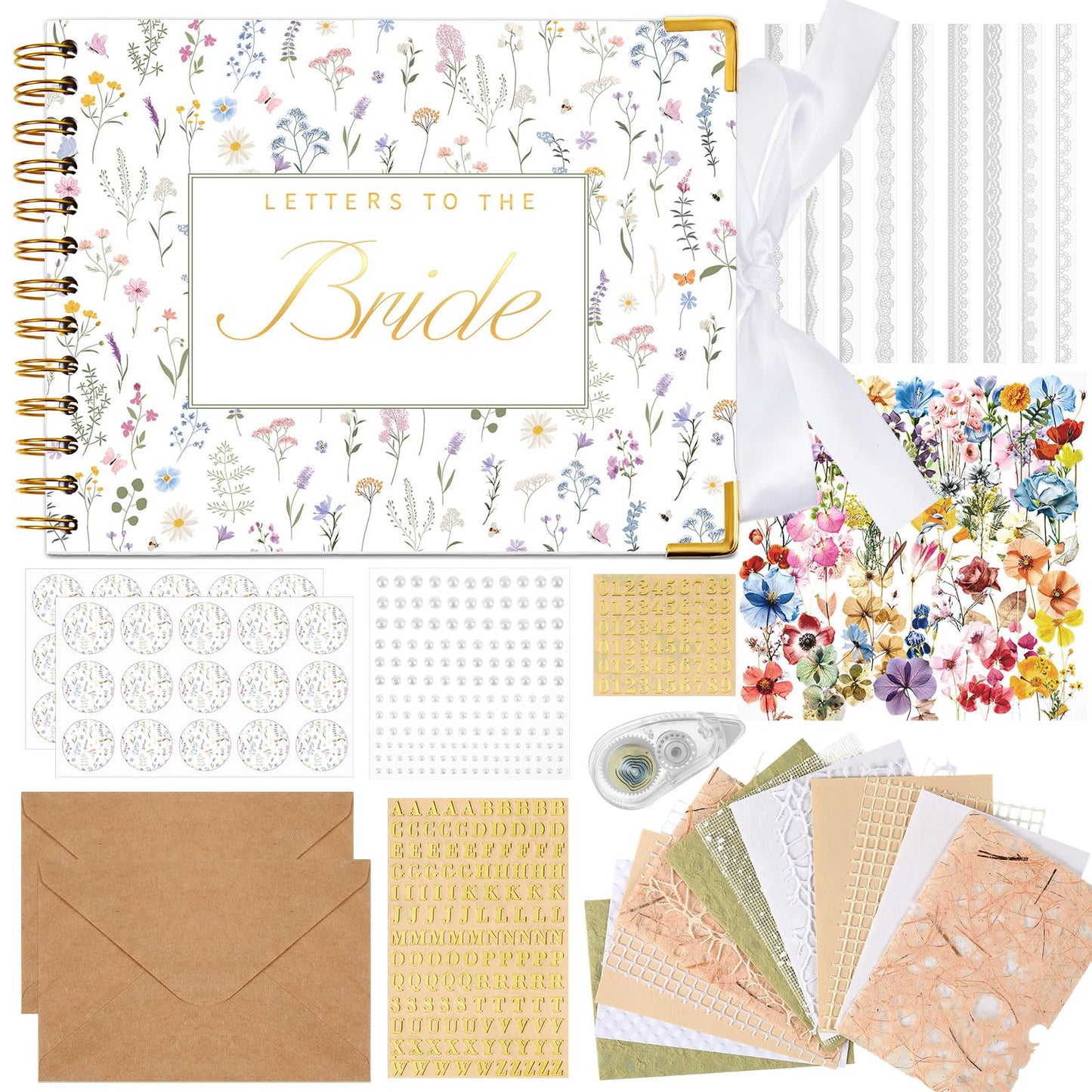 Humyoun Wedding Guest Book Letters to The Bride Scrapbook Wedding Memory Book Bridal DIY Blank Paper Scrapbook Photo Album Guest Sign with Pearl Stickers(8.5 x 7 Inch,Wildflower,Colorful)