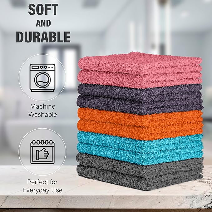 DecorRack 20 Pack 100% Cotton Wash Cloth, Luxurious Soft, 12 x 12 inch Ultra Absorbent, Machine Washable Washcloths, Assorted Set 4 (20 Pack)
