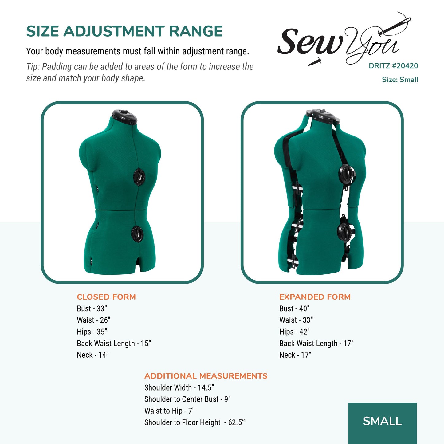 Dritz Sew You Adjustable Dress Form - Small/Medium Sizes US 4-12 - Female Clothing Mannequin for Sewing, Fitting, and Draping - Pinnable Sewing Mannequin with 12 Dials for Fitting + 360 Hem Guide