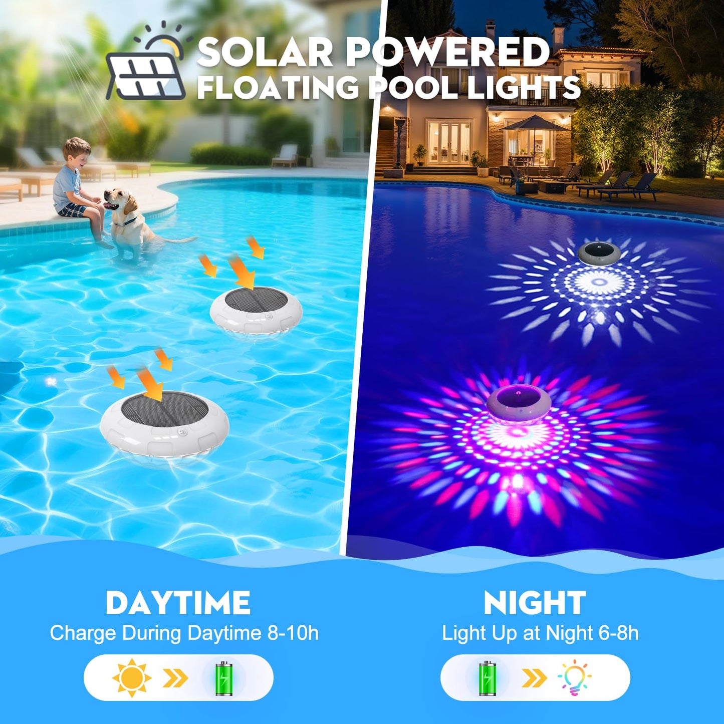 Cootway Floating Pool Lights w/Remote, 6.5 Inch RGB Solar Pool Lights that Float with 9 Dynamic Lighting, IP68 Waterproof Pool Floating Light, Hangable Solar Floating Light for Pools Party Garden(2)