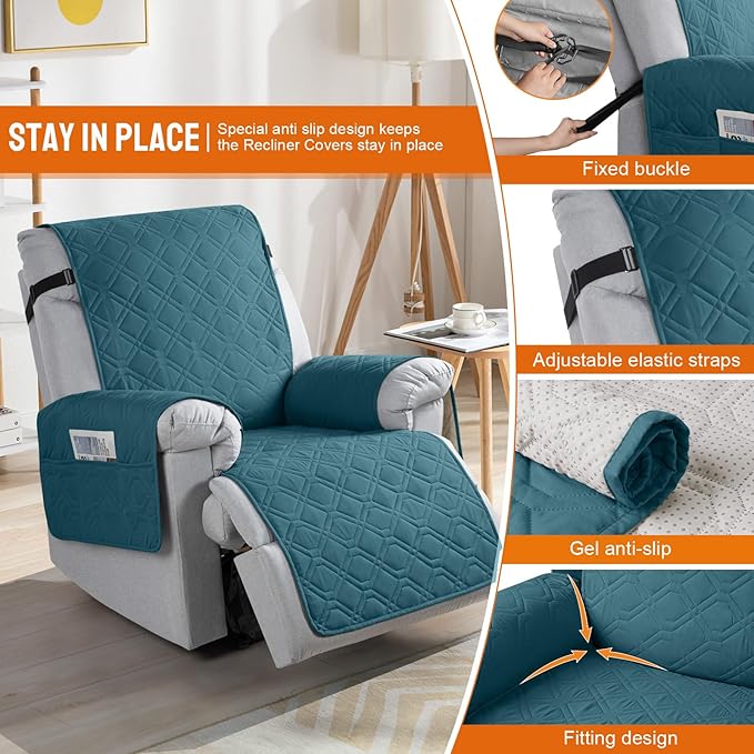 VANSOFY 100% Waterproof Recliner Chair Covers, Recliner Cover Non-Slip Dog Chair Cover Furniture Protector Washable Slipcover with Pocket, Elastic Straps for Pets, Dogs(Peacock Blue, 23.6")