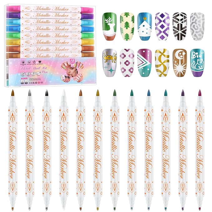12 Colors 3D Nail Art Pens Set, Kalolary Double-headed Nail Point Graffiti Dotting Pen Quick Dry Long-last Acrylic Paint Markers for DIY Nail Art Design, Home & Salon Manicure Tools