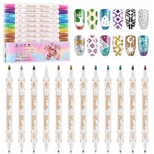 12 Colors 3D Nail Art Pens Set, Kalolary Double-headed Nail Point Graffiti Dotting Pen Quick Dry Long-last Acrylic Paint Markers for DIY Nail Art Design, Home & Salon Manicure Tools