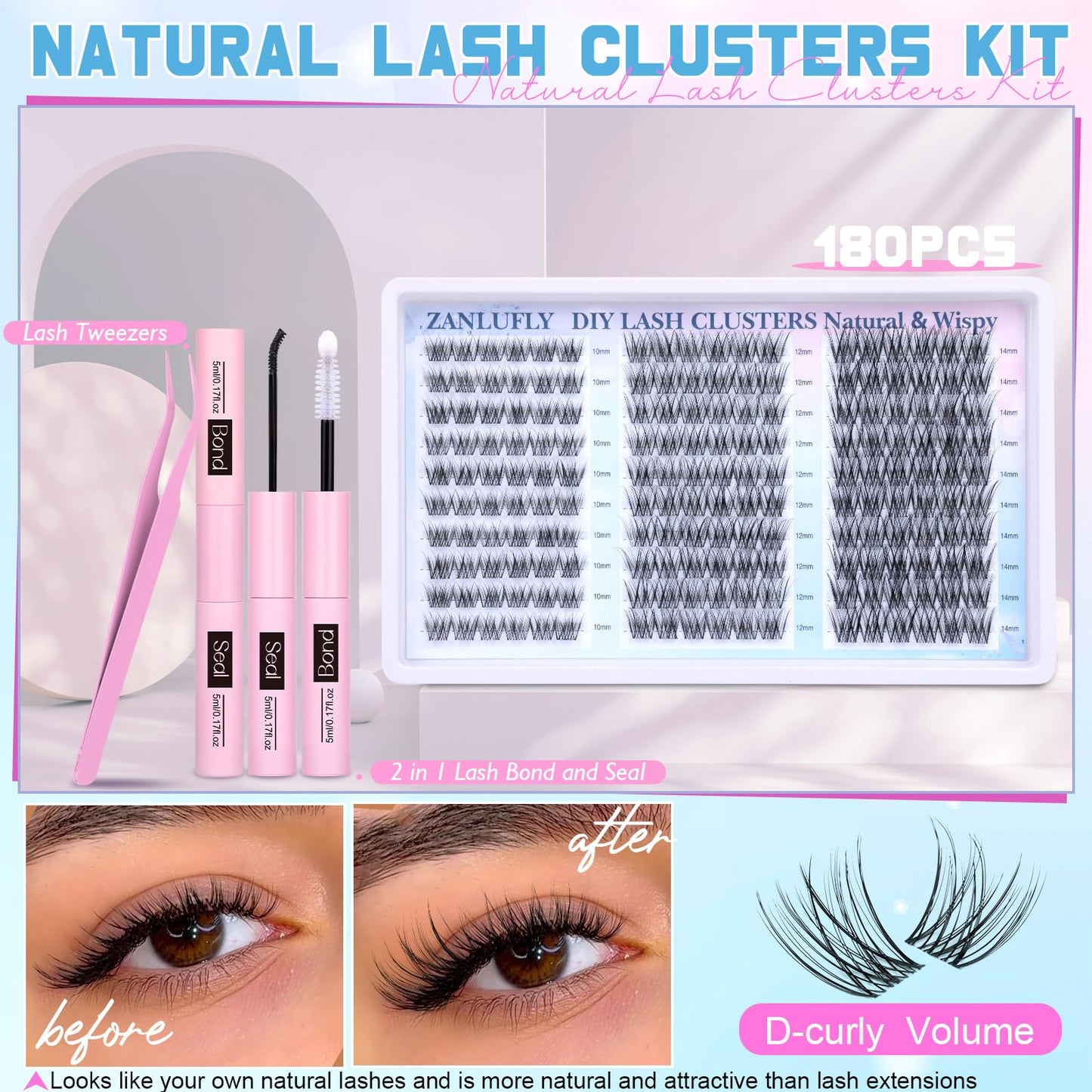 Wispy Lash Clusters Kit Natural Lash Extension Kit DIY Eyelash Extension Kit 10-14MM Individual Lashes Thin Band Eyelash Clusters with Lash Cluster Glue and Tweezers by zanlufly
