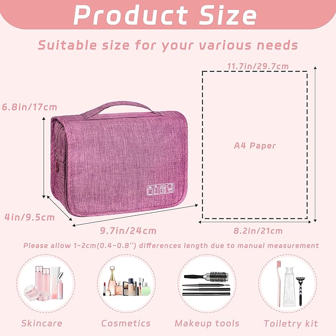 Toiletry Bag Travel Bag with Hanging Hook, Waterproof Capacity Hanging Multifunctional Makeup Bag for Toiletries, Portable Cosmetic Bag Travel Organizer for Women and Men(Purple)