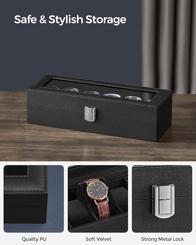 SONGMICS Watch Box, 6-Slot Watch Case Organizer with Large Glass Lid, Removable Pillows, Gift for Loved Ones, Black Synthetic Leather, Black Lining UJWB06B01